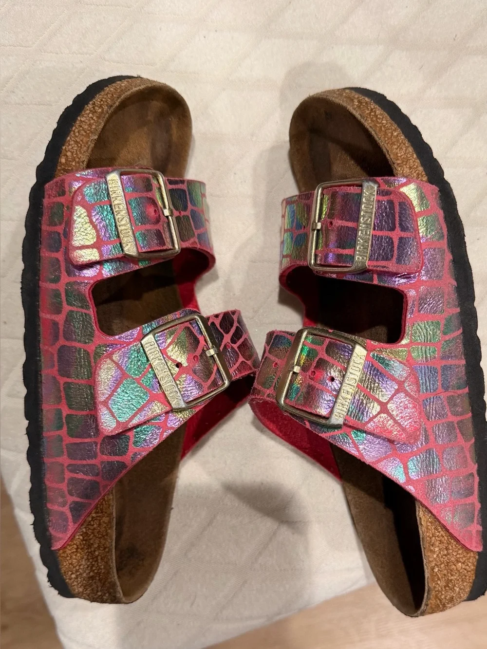 Birkenstock Pink Croc-Textured Double-Buckle Slide Sandals